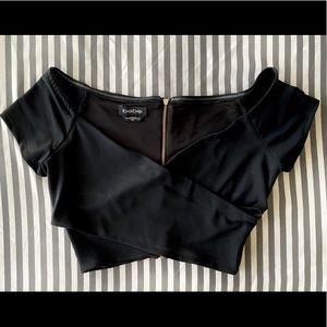 Small Bebe Off Shoulder Black Wrap Crop Top